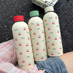 YICKYUE  -  Kawaii Cherry Thermos Bottle With Handle Coffee Cup 500ml Stainless Steel Tumbler Cute Travel Gym Scool Water Bottle For Girl