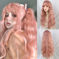 YICKYUE  -  Synthetic Long Wavy Curly Pink Wig with Bangs Lolita Cosplay Women Fluffy Hair Heat Resistant Wig for Daily Party