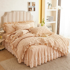 Yickyue 100%Cotton Solid Color Quilted Comforter Bedding Set Soft Breathable White Lace Ruffle edge Duvet Cover Bedskirt Pillowcase 4Pcs