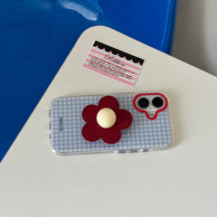 YICKYUE  -  Ins Simple Blue Grid Pattern Red Flower Bracket Phone Case for iPhone 16 15 14 13 Pro Max Back Cover Fund