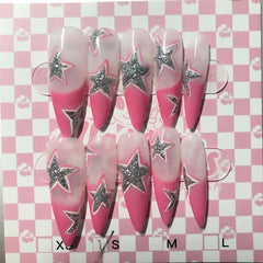 Yickyue American Collegiate Style Hot Girls Rose Pink Silver Star False Nails Burst Glitter Long Pointed Handmade Wearable Fake Nails