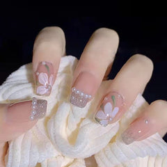 24pcs Coffin False Nails Pretty White Flower With Pearls Designs Ballerina Fake Tips Press On Artificial Full Cover Manicure