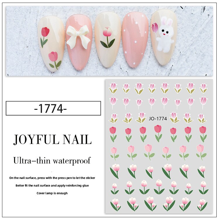 1 Sheet Pink Tulips Flower Designs 3D Nail Sticker Self-Adhesive Slider Art Decorations Decals Manicure Accessories