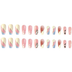 YICKYUE  -  Blue and White Handdrawn Lines Press on Nails Wearable Nail Silver Edge with Diamonds Ninimalist Fake Nail Free Toolkit