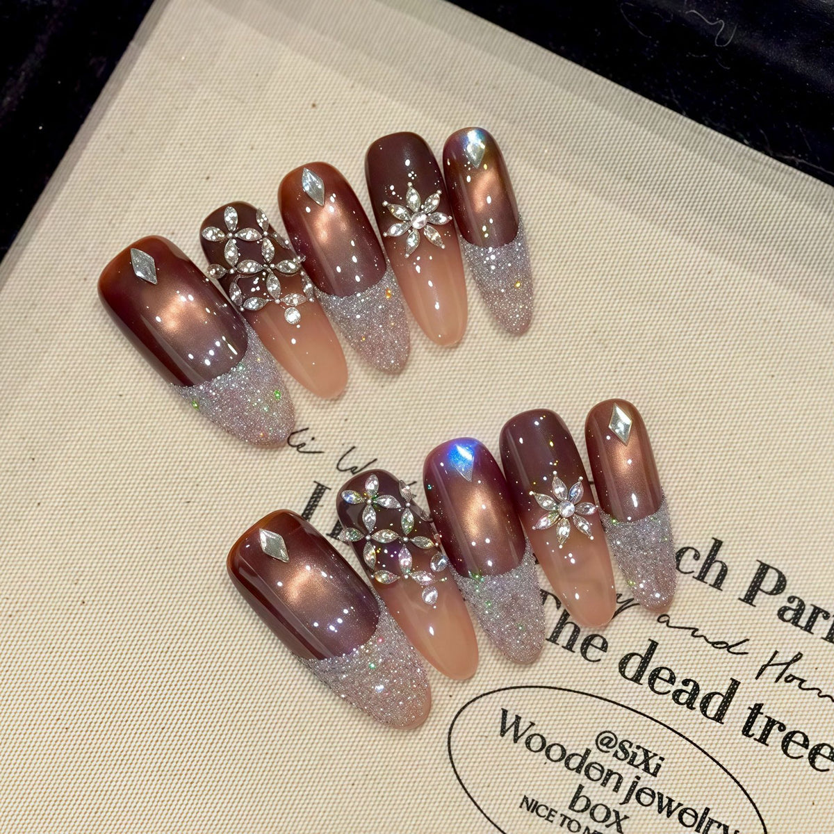YICKYUE  -  10pcs Luxury Handmade Long Oval Press on Nail Sparkling French Cat Eye Fake Nails Shiny Rhinestone Decor Coffee Color False Nail