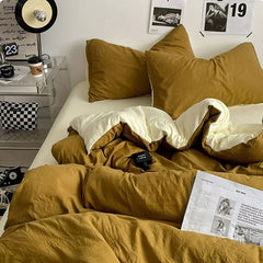 YICKYUE  -  Japanese Style Two-patchwork Colours Washed Bedding Set Queen Soft Breathtable Duvet Cover Set for Single Double Bed Quilt Cover