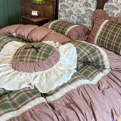 YICKYUE  -  French Retro Style Cotton Princess Style Four-piece New Style Pure Cotton British Plaid Bed Skirt Bedding