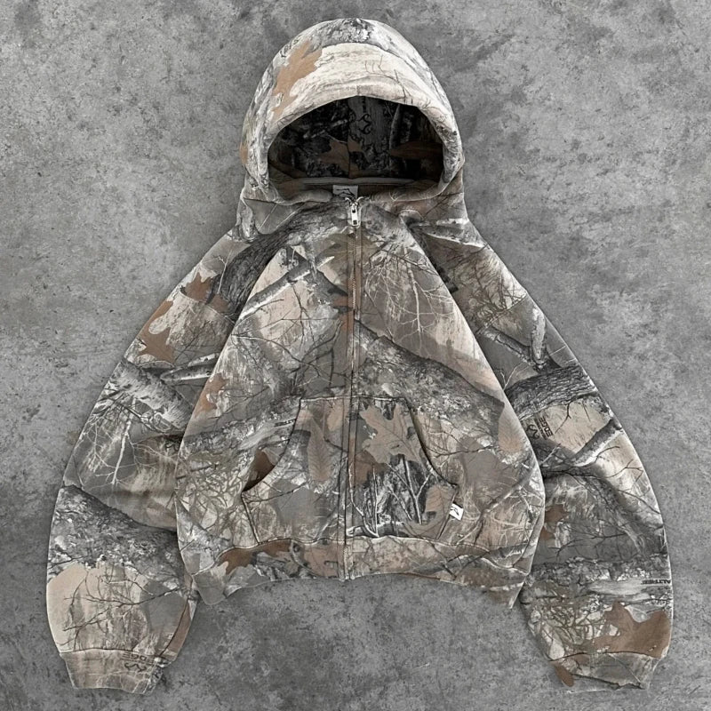 Hearujoy  90s Streetwear Y2K Retro zip up Hoodie Men Camouflage Pattern zipper Sweatshirt High Street Hip Hop Streetwear Oversized Unisex Camo Hoodie