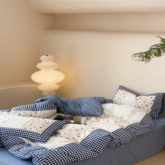 YICKYUE  -  Korean Washed Cotton Bedding Set - 4PC Striped Duvet Cover & Sheets | Rustic Farmhouse Style