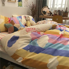 Cartoon small floral 4-piece quilt cover printed quilt cover multi-piece bedroom quilt cover bedspread pillowcase cute bed set
