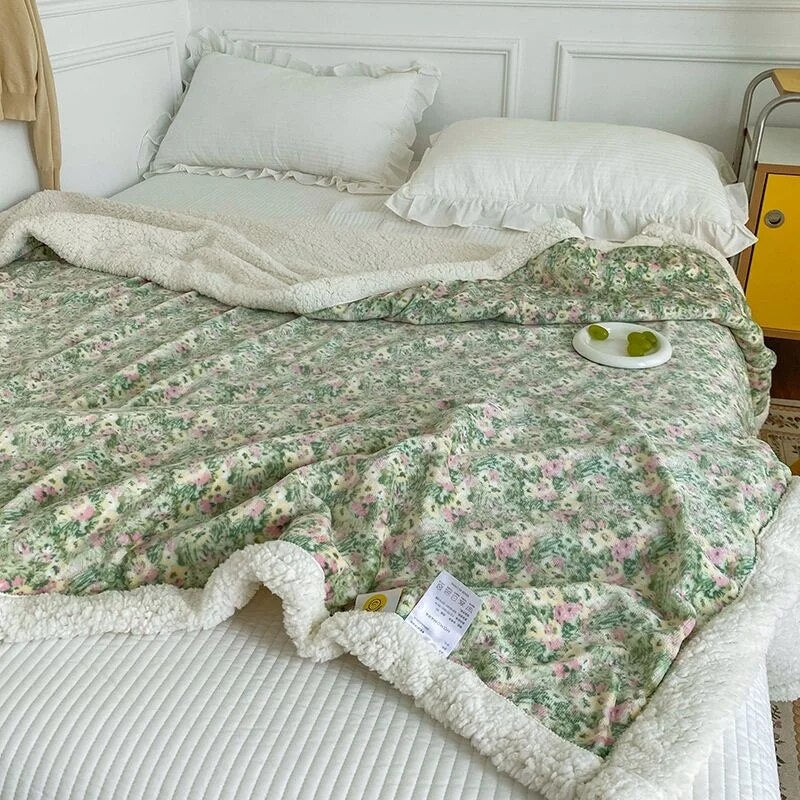 Yickyue Ins Floral Flower Winter Blanket Thickened Milk Velvet Cover Blanket Shawl Cover Leg Plush Coral Lamb Blanket Office Nap Blanket