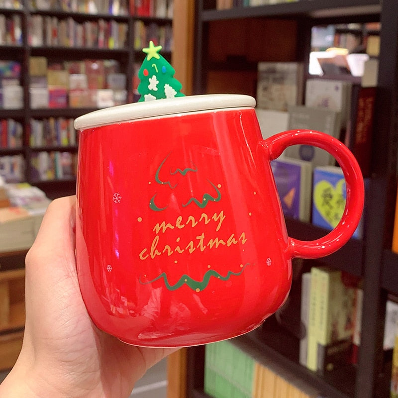 New 450ml Christmas Mug With Tree Elk 3D Sticker Spoon Cartoon Large Ceramic Water Breakfast Coffee Cup With Lid And Spoon Gift