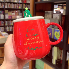 New 450ml Christmas Mug With Tree Elk 3D Sticker Spoon Cartoon Large Ceramic Water Breakfast Coffee Cup With Lid And Spoon Gift