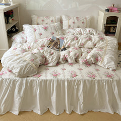 YICKYUE  -  4Pcs Vintage French Pleated Wide Edge Floral Pastoral Style 100% Cotton Bedding Set Duver Cover Bed Skirt Bedspread Pillowcases