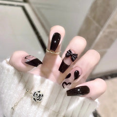 24PCS Black Press On Nails Cute Black Bow Design Fake Nails Full Coverage Nail Free Shipping Nails Set Press On With Glue