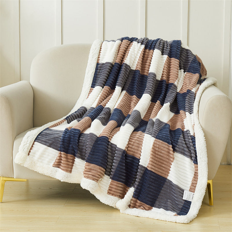 YICKYUE  -  Thickened Double-Layer Plaid Striped Flannel Blanket, European and American Style, Coral Fleece, Simple Nap Blanket
