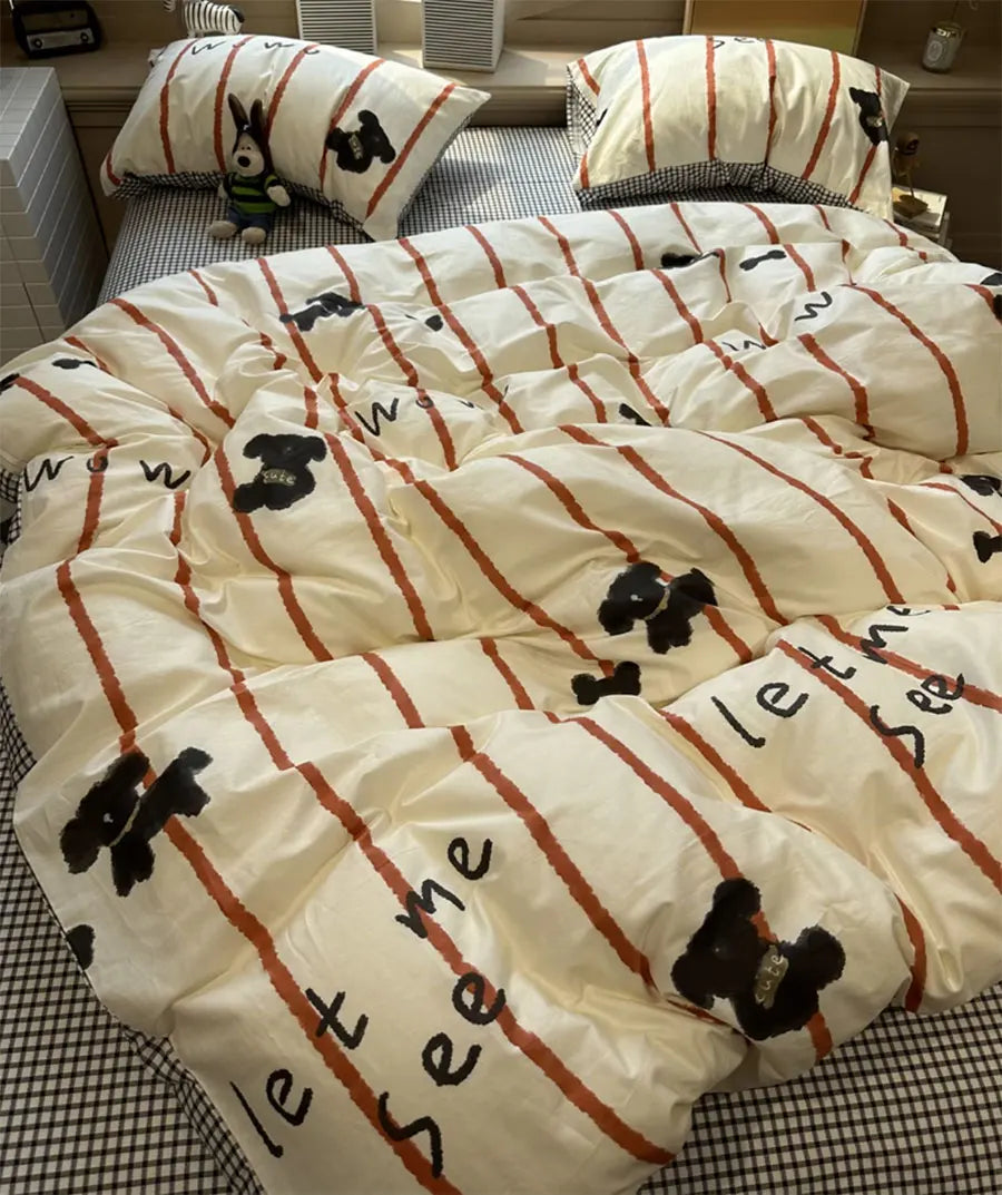YICKYUE  -  Cute cartoon teddy dog stripes bedding set kid teen boy,twin full queen cotton home textile bed sheet pillow case quilt cover