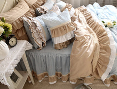 Europe Classic Bule grid Plaid Bedding Set Ruffle Duvet Cover Elegant Splicing Bedspread Wrinkle Queen Size Pillowcase HM15B
