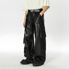 Hearujoy High Street Punk Style Leather Pants For Men Hip Hop Multi Pocket Straight Cargo pants Spring Autumn American Retro PU Trousers