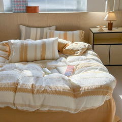 YICKYUE  -  Seersucker Bedding Set, 100% Cotton, Color Block Stripe, Duvet Cover, Cozy Japanese Style, Bed Linens, Home, King, Queen,Textile