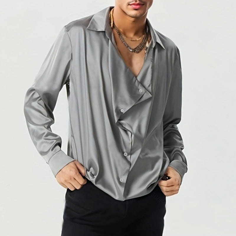 Hearujoy French Style Silk Men's Shirt Spring Autumn Commuting Collar long sleeve Tops Streetwear Fashion Lightweight Loose Shirts