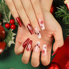 YICKYUE  -  Sparkle Gradient French Christmas Snowflake Star Black Bowknot Long Fake Nail Art Detachable Finished False Nails Press on Nails
