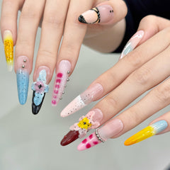 YICKYUE  -  10pcs Handmade Press on Nails INS 3d Carved Flowers False Nails Wearable Detachable Full Cover Leopard Print False Nail Tips