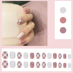 24Pcs Blue Yellow Pink Leopard Print Fake Nails With Glue Korean Short Round Fashion Manicure Full Cover Press On False Nail Tip