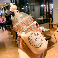 560 ML Kawaii Bubble Tea Water Bottle With Straw Cap Strap Cute Girl Student Pearl Milk Tea Plastic Bottle For Boba Drink Cups