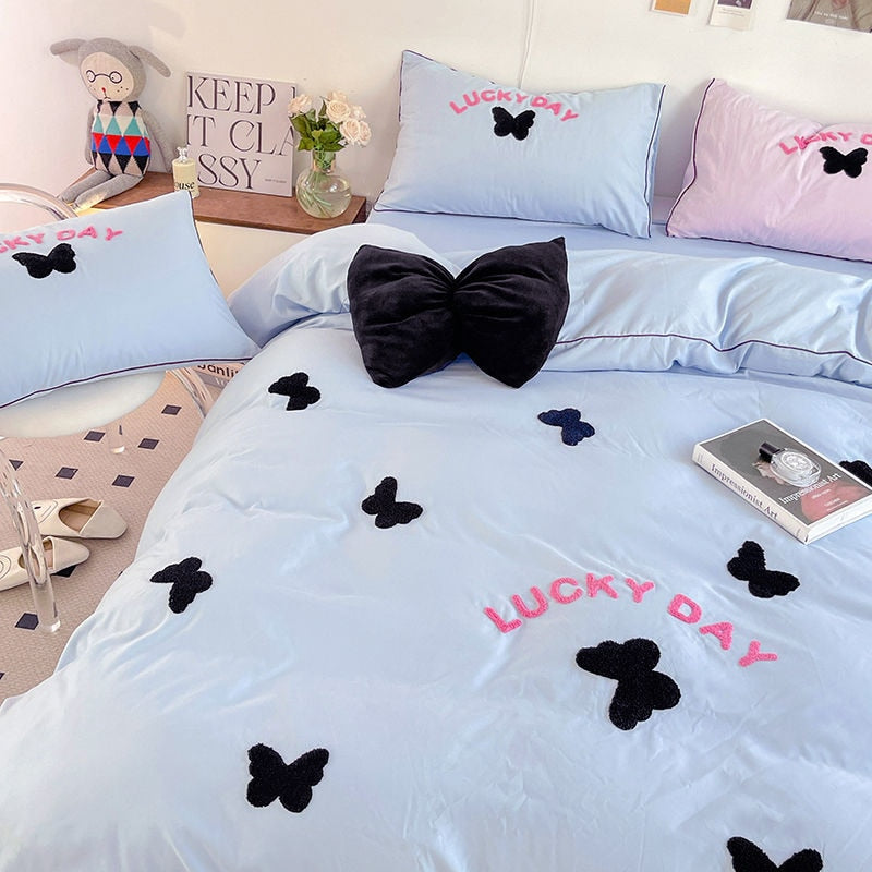 Yickyue Korea Ins Yellow Bedding Set With Black Butterfly Soft Wash Cotton Quilt Cover Bed Sheet Girls Kids Decor Home Textiles