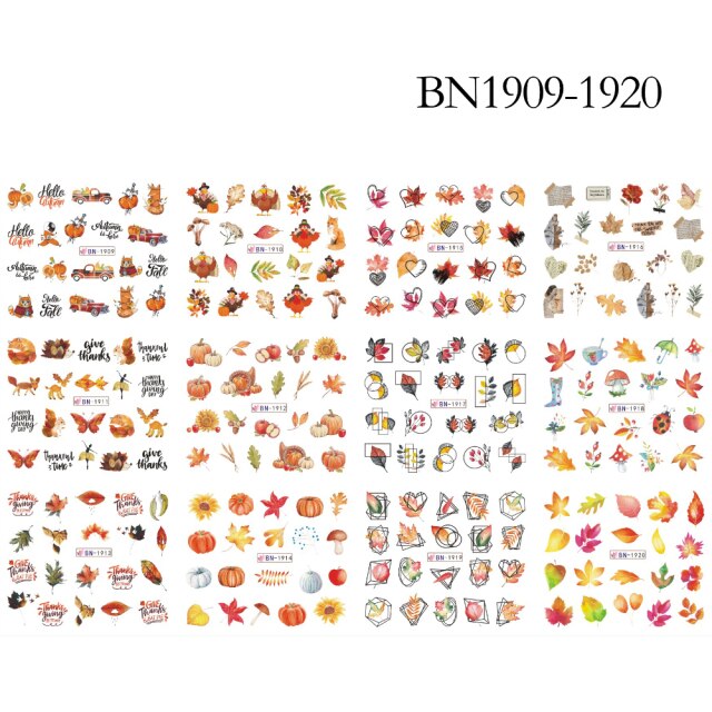 12 designs Abstract geometric kawaii nail sticker decals fall leaf valentine nail art decorations autocollants pour ongles