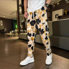 Hearujoy Vintage Tie Dye Ink Painting Casual Pants Men Ethnic Style Flower Pattern Lightweight Ice Silk Straight Leg Trousers Summer