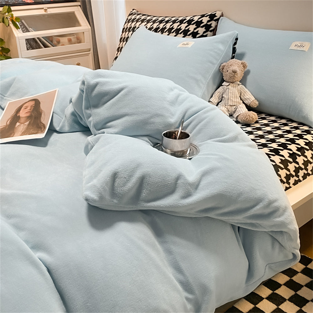 YICKYUE  -  Milk Velvet Bedding Set Thousand Bird Checker Thicken Winter Warm Four Piece Sets Quilt Cover Bed Linen Pillowcase Bedroom Decor