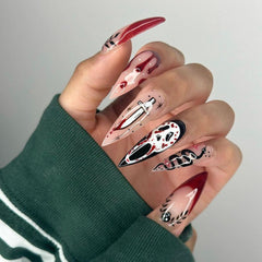 YICKYUE  -  24pcs Halloween Ghost Red French Fake Nails Press On Almond Nails Full Cover Long Stiletto False Nails with Blood Drops Designs