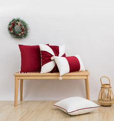 Yickyue New Velvet Christmas Cushion Cover Pillow Covers Decorative Red Bow Hairball Cushion Cover Festive Home Christmas Decorations