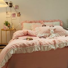 Sweet All Cotton Washed Cotton Four-Piece Embroidered Pure Cotton Bed Sheet Duvet Cover Girl's Heart Princess Style Pink Bedding