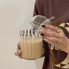 YICKYUE  -  Simple Striped Glass Straw Cup with Cute Lid,Juice Bubble Water Cup,Heat-resistant Coffee Cup,Colorful Drinking Cup Water Bottle
