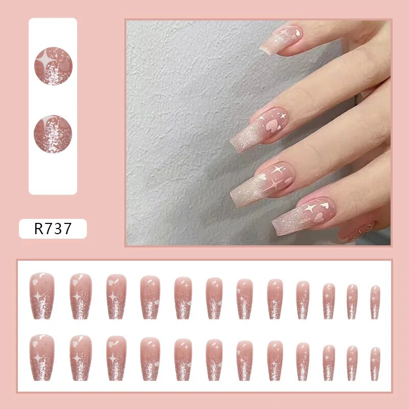 Yickyue 24pcs Mid Length False Nail Ins Star Heart Design Pink Fake Nails Patch Korean Sweet Girl Coffin Artificial Acrylic Nail Tips