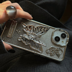 YICKYUE  -  Electroplated Butterfly Bracket Phone Case For iPhone 16 15 14 13 12 11 Pro Max Glitter Powder Card Shockproof Cover