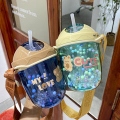 300Ml Cartoon Cute Bear Straw Plastic Water Bottle  Outdoor Transparent Juice Drinking Cup Suitable For Kid Adult Children Gift