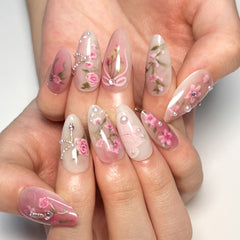 YICKYUE  -  24pcs Summer Pink Rose Press on Nails 3D Pearl Decor Almond False Nail Patch for Girl Lady Wearable Full Cover Fake Nail Tips