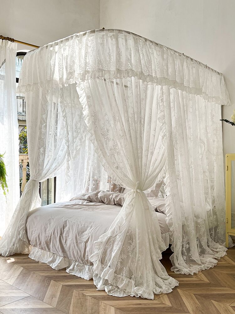 YICKYUE -  Three Door Princess Lace Bed Valance Windproof Blackout Bed Curtain U -Shape Rail Mosquito Net Double Bed  Bedroom Decoration
