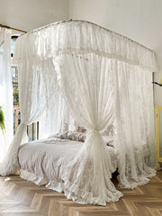 YICKYUE -  Three Door Princess Lace Bed Valance Windproof Blackout Bed Curtain U -Shape Rail Mosquito Net Double Bed  Bedroom Decoration