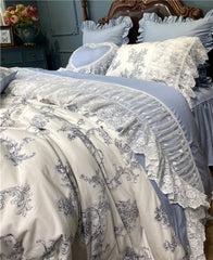 French Vintage Rural Floral Princess Bed Skirt Bedding Set Romantic White Lace Edge 400TC Cotton Quilt/Duvet Cover Set Pillowcas
