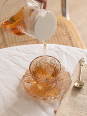 Vintage Embossed Flower Glass Cup and Saucer Afternoon Tea Dessert Coffee Cup Home European Style Tea Set Palace Style