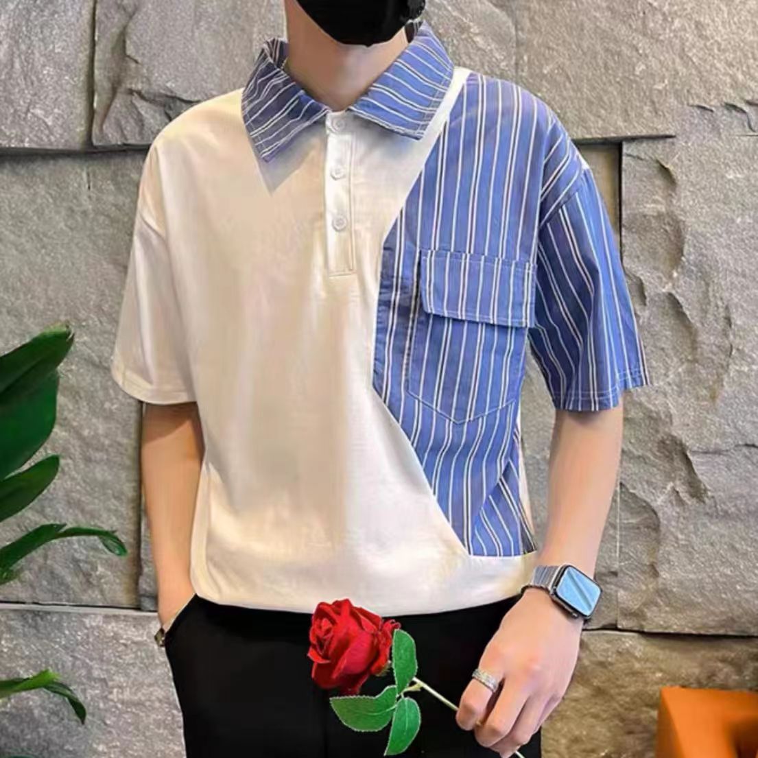 Hearujoy Fashion Stripe Patchwork Polo Shirts For Men Short sleeve Tee Tops Summer Trendy Contrast Color  Fake Two Polos Tshirts Clothing