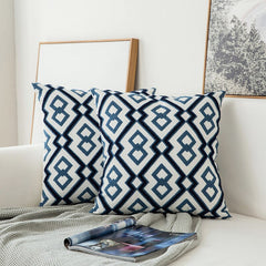J Home Decor Embroidered Cushion Cover Navy Blue/White Geometric Floral Canvas Cotton Suqare Embroidery Pillow Cover 45x45cm
