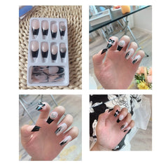 24Pcs French Press on Nail Black False Nails 3D Bow Mid-length Fake Nails for Women and Girls Salon Finger Toes DIY Manicure Tip