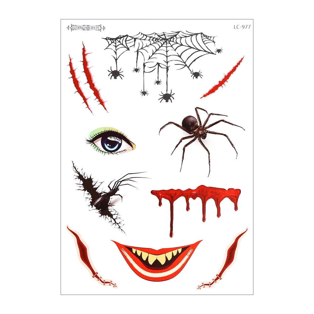 Yickyue Halloween Temporary Tattoo Stickers Waterproof Lasting Terror Spider Lip Scar Bloody Mask Design Fake Tattoo Sticker Face Makeup