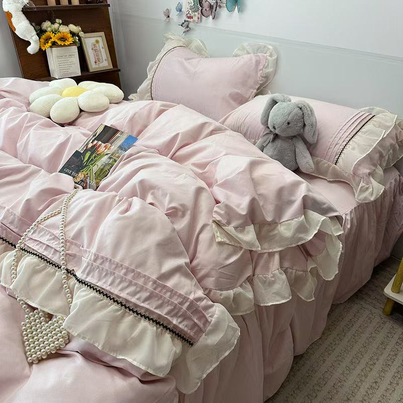 YICKYUE  -  4PCS Princess Bedding Set Lace Ruffles Skin-Friendly Quilt Cover Skirt Bed Sheet Set 2 Pillowcases Queen Size For Girls Women